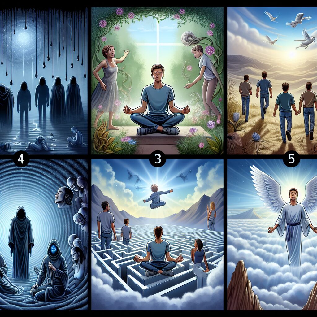 A visual representation of overcoming spiritual threats, demonstrated through a five-step journey. Step 1: A person with tears streaming down their face, surrounded by shadowy figures. Step 2: The same person sitting in meditation, inside a peaceful garden. Step 3: The person approaches a journey through a challenging maze with determination. Step 4: The person stands atop a mountain peak, exuding confidence and strength. Step 5: The person finally ascends into a beautiful, serene sky filled with angelic beings. People of diverse backgrounds and genders are collectively represented across these scenes.