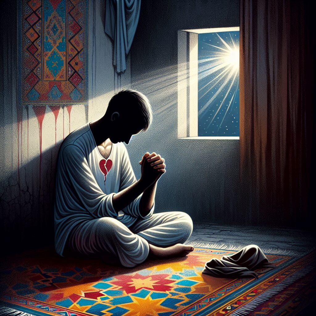 A depiction of a heartbroken individual, of Middle-Eastern descent, sitting alone in a dimly lit room. Their hands are loosely clasped, hinting at a deep contemplation or silent prayer. A vibrant prayer rug, with traditional geometric patterns, lies neglected in the corner, symbolizing a lost motivation for spiritual routines. Their eyes, devoid of any sparkle, are turned toward a window, through which a single lonely star is visible, representing a glimmer of hope amidst profound sadness.